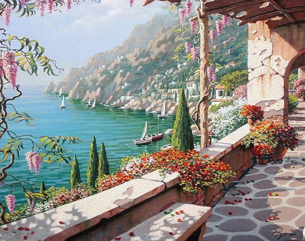 Montañas y Mar Azul y Terraza con Flores Pintar por Números