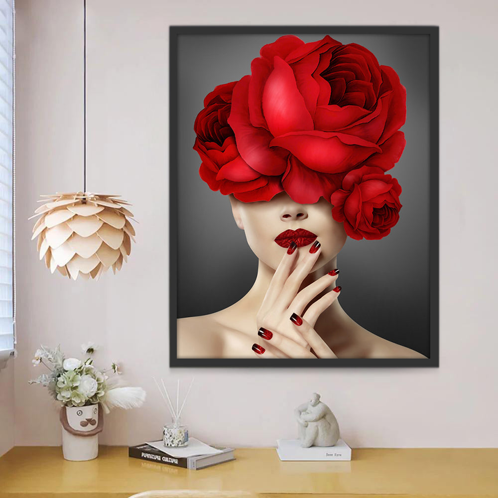 Mujer Atractiva con Ojos Cubiertos de Rosas Rojas Pintar por Números
