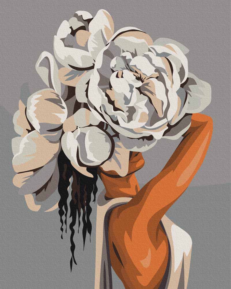 Mujer Bella con Cara Cubierta de Peonías Blancas Pintar por Números