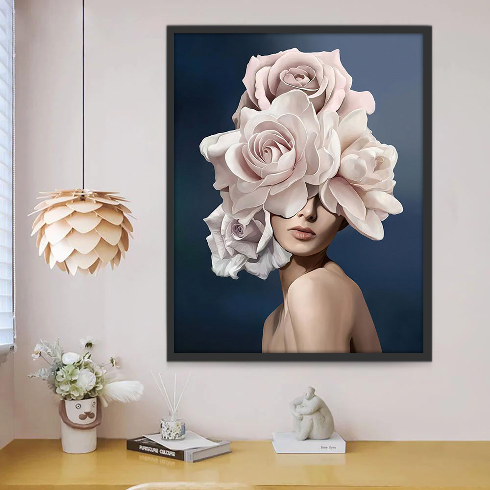 Mujer Bella con Flores Grandes Blancas Pintar por Números