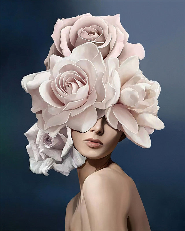 Mujer Bella con Flores Grandes Blancas Pintar por Números