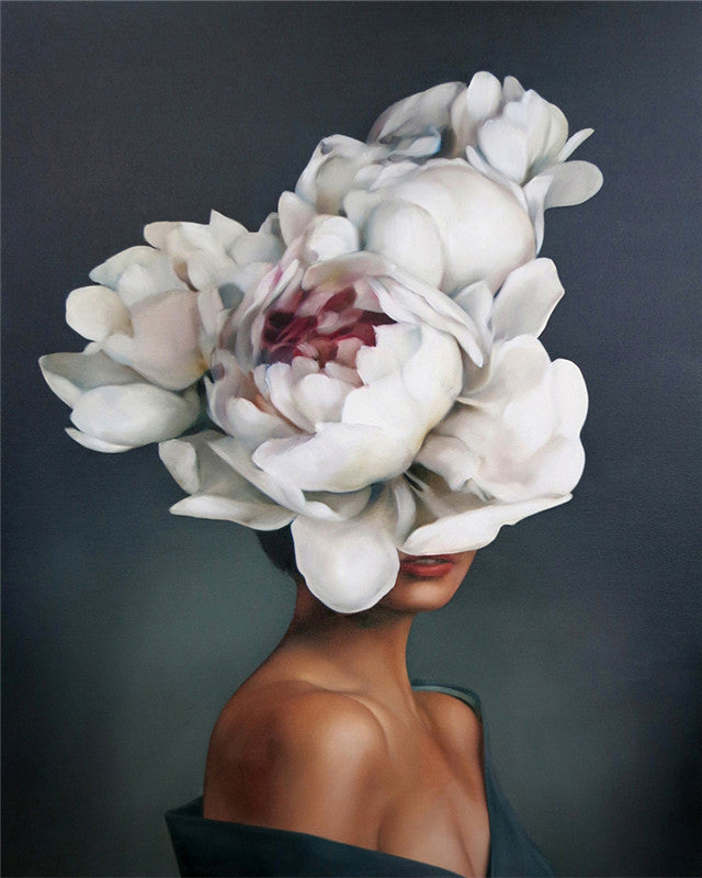 Mujer Bella con Peonías Blancas Hermosas Pintar por Números