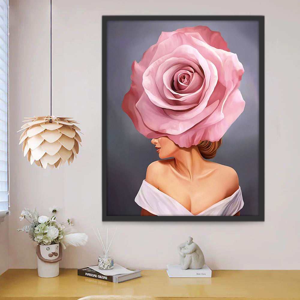 Mujer Bella con una Rosa Rosada sobre la Cabeza Pintar por Números