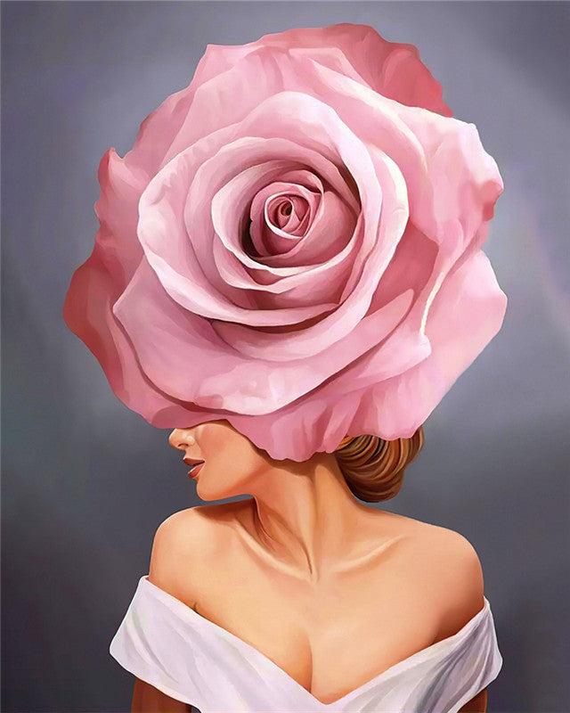 Mujer Bella con una Rosa Rosada sobre la Cabeza Pintar por Números