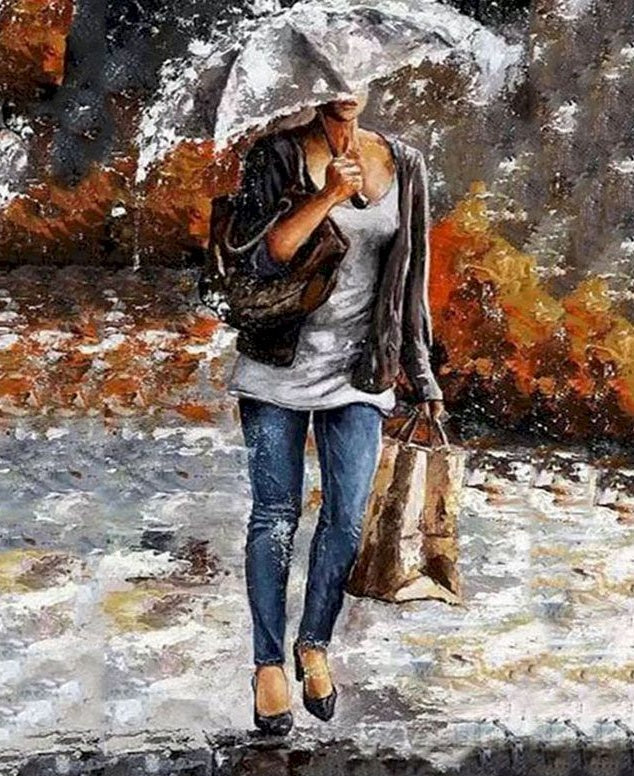 Mujer Caminando en la Lluvia Pintar por Números
