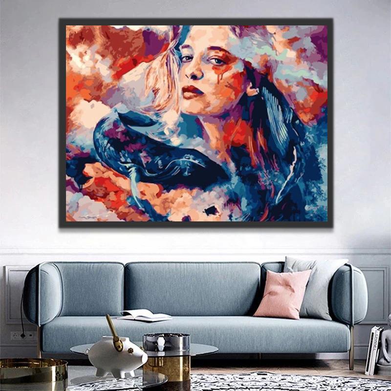 Mujer Colorida y Ballenas Abstractas Pintar por Números