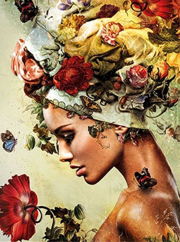 Mujer con Cabeza Rodeada de Flores y Mariposas Pintar por Números