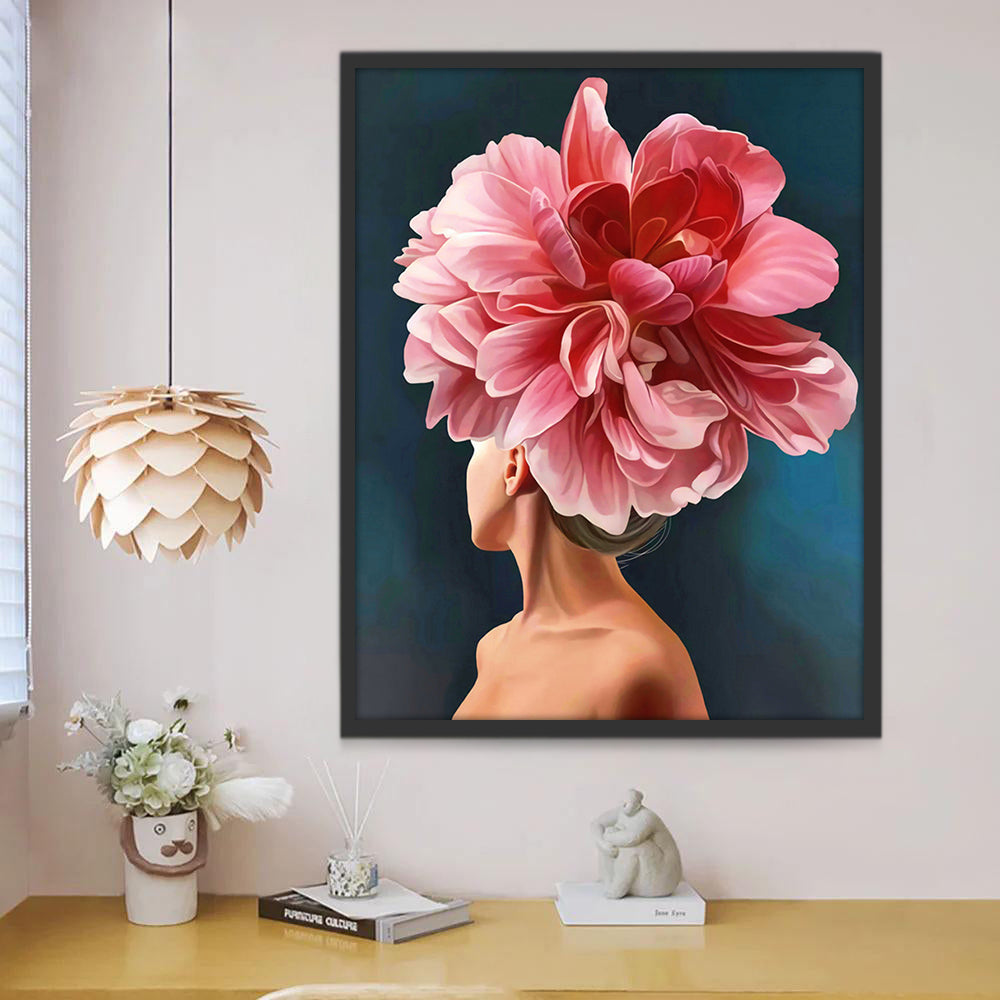 Mujer con Flor Grande Rosada sobre Su Cabeza Pintar por Números