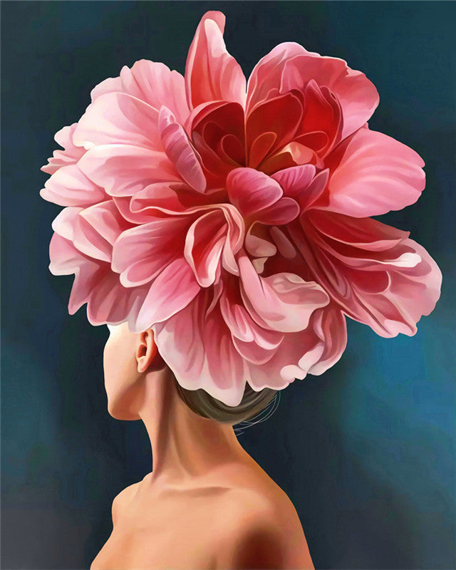Mujer con Flor Grande Rosada sobre Su Cabeza Pintar por Números