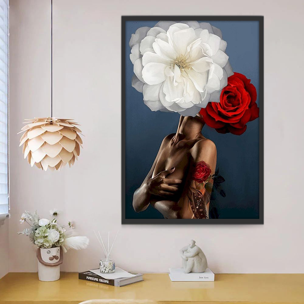 Mujer con Flores de Color Blanco y Rojo Pintar por Números