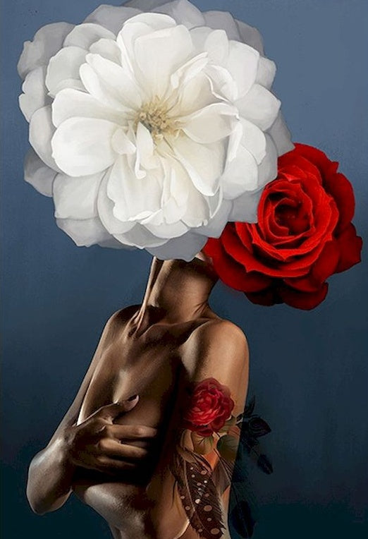 Mujer con Flores de Color Blanco y Rojo Pintar por Números