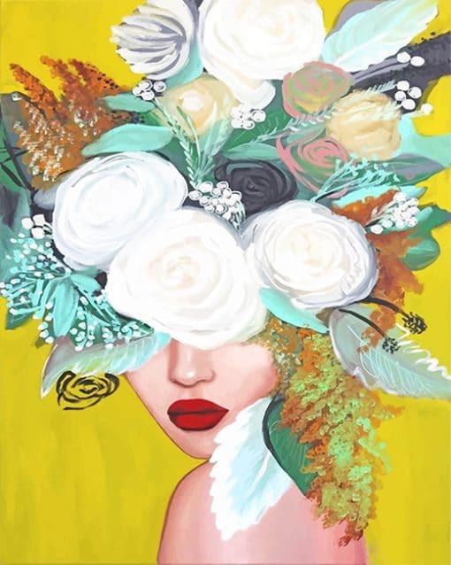 Mujer con Labios Rojos y Flores Blancas Pintar por Números