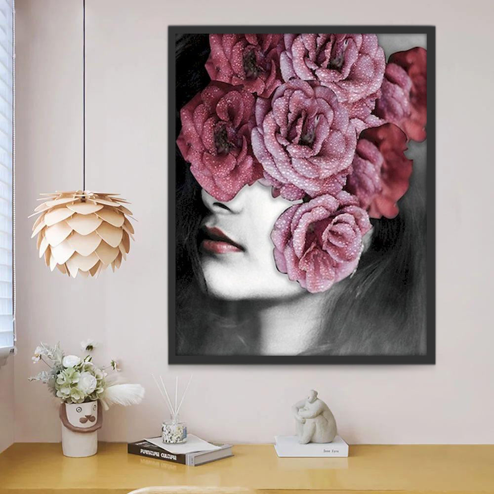 Mujer con Labios Rojos y Flores Rosadas Pintar por Números