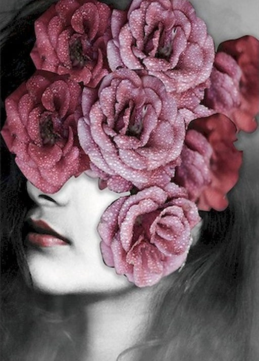 Mujer con Labios Rojos y Flores Rosadas Pintar por Números