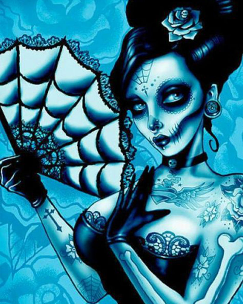 Mujer con Maquillaje de Cráneo con Abanico Pintar por Números