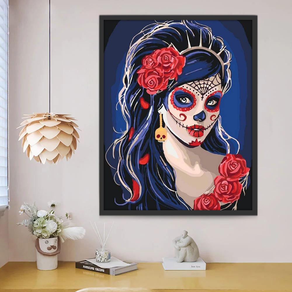 Mujer con Maquillaje de Cráneo y Rosas Pintar por Números