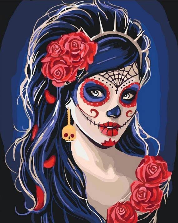 Mujer con Maquillaje de Cráneo y Rosas Pintar por Números