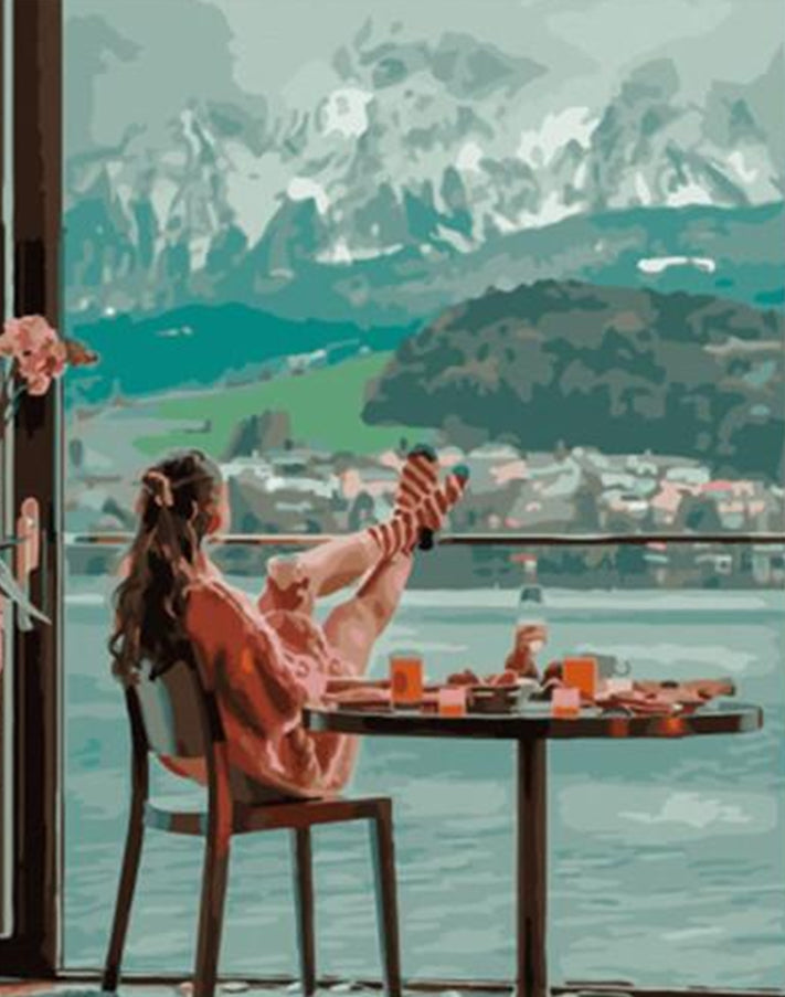 Mujer con Paisaje de Montañas y Ciudad Pintar por Números