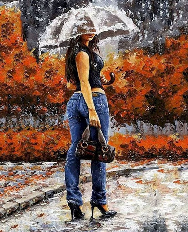 Mujer con Paraguas en la Lluvia Pintar por Números