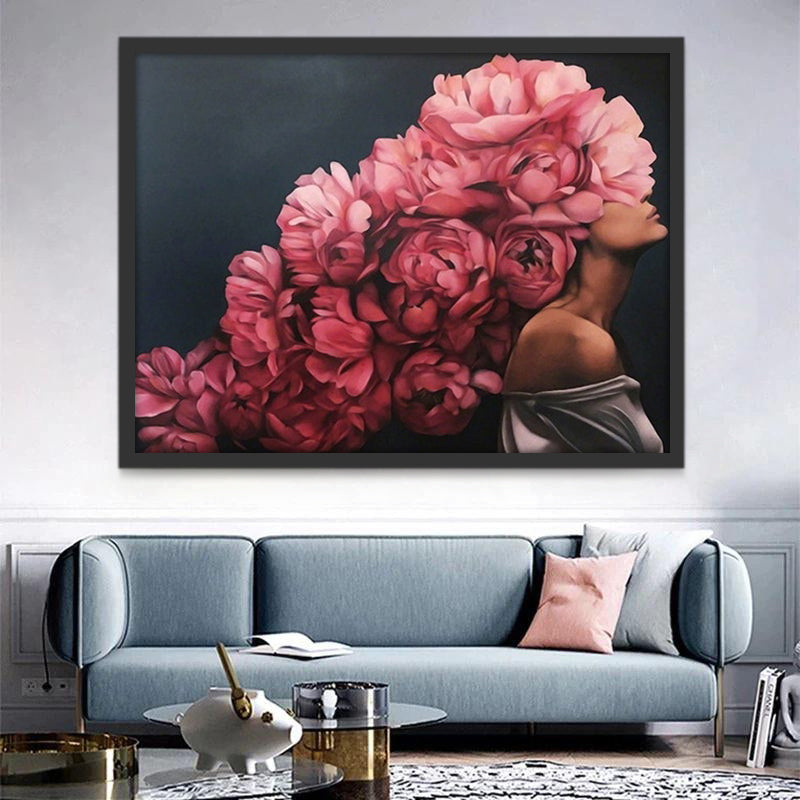 Mujer con Pelo de Peonías Rosadas Pintar por Números