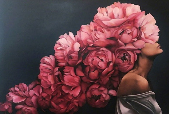 Mujer con Pelo de Peonías Rosadas Pintar por Números