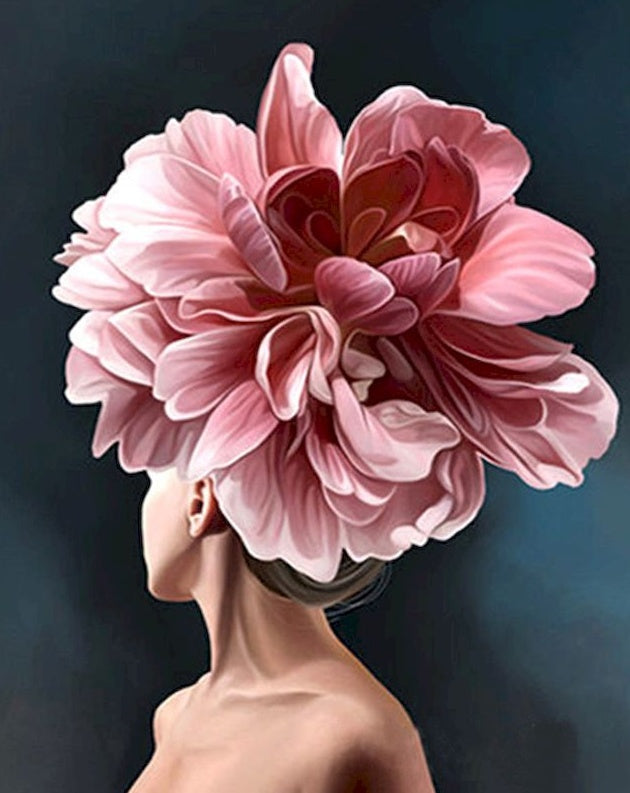 Mujer con Peonía Rosada Floreciente sobre la Cabeza Pintar por Números