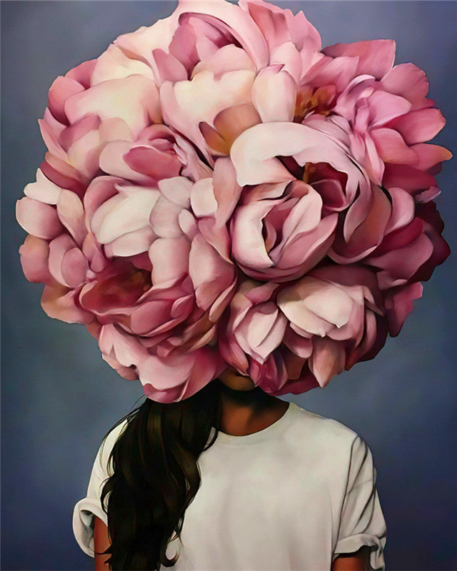 Mujer con Peonías Rosadas sobre Su Cabeza Pintar por Números
