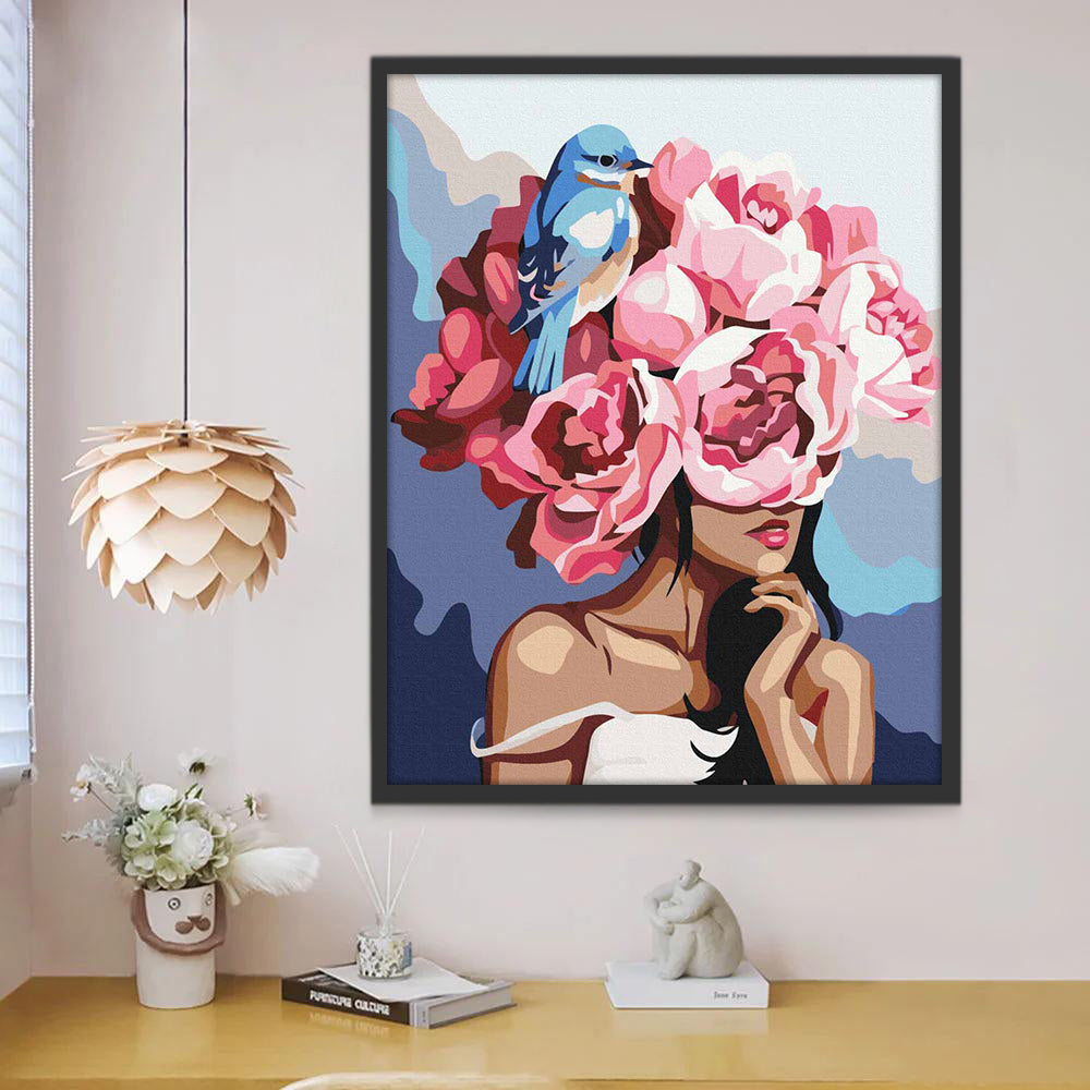 Mujer con Peonías Rosadas y Pájaro Azul Pintar por Números