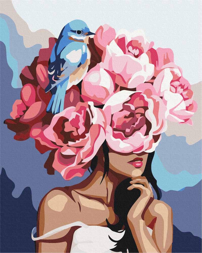Mujer con Peonías Rosadas y Pájaro Azul Pintar por Números