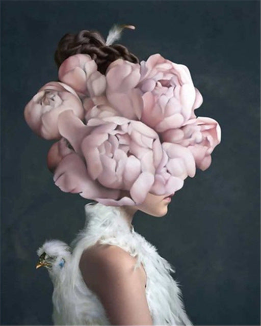 Mujer con Peonías Rosadas y Plumas Blancas Pintar por Números