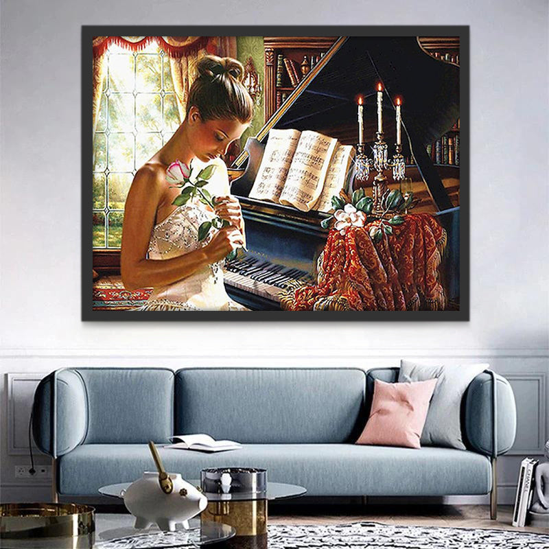 Mujer con Rosa al Lado del Piano Pintar por Números