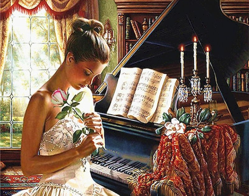 Mujer con Rosa al Lado del Piano Pintar por Números