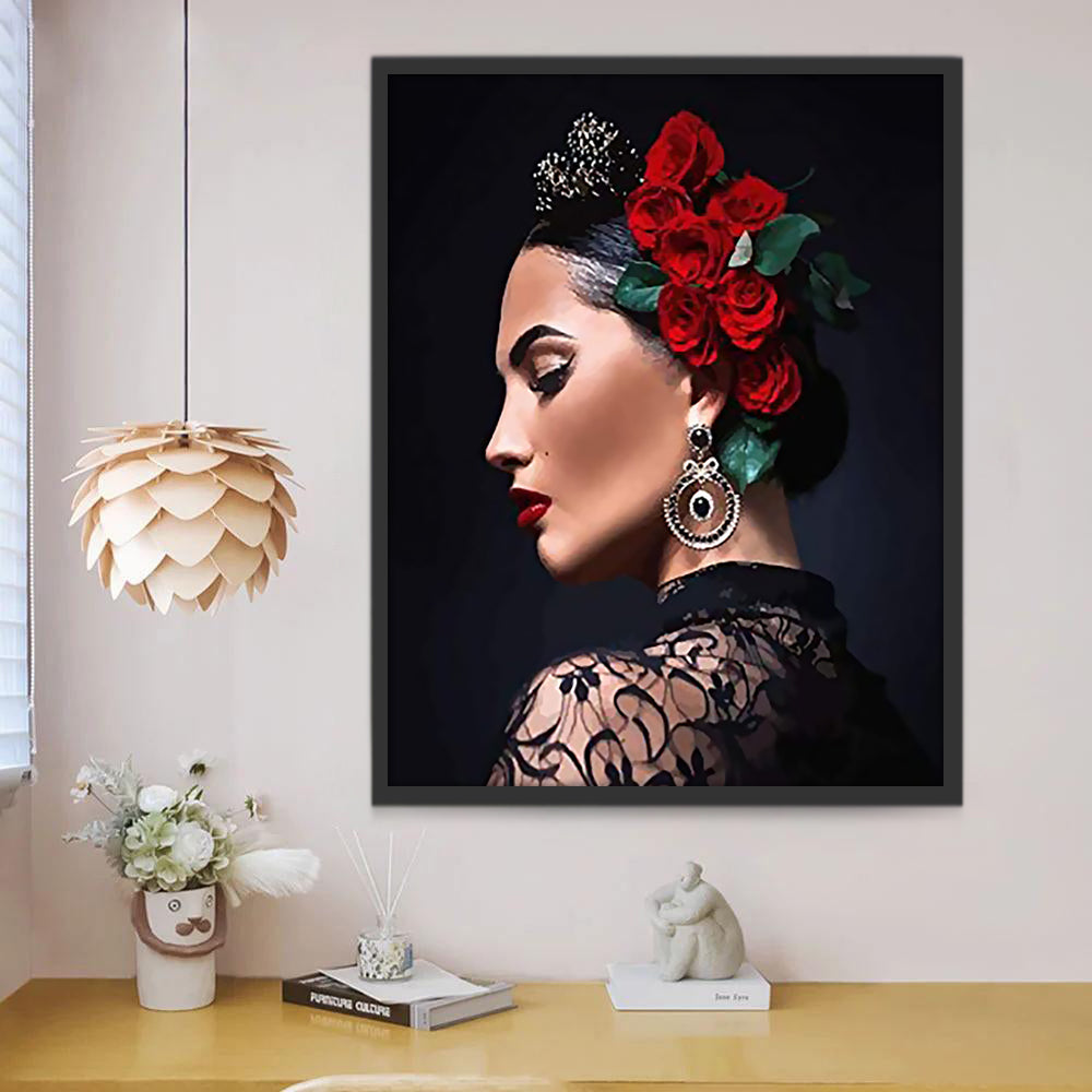 Mujer con Rosas Rojas sobre Su Cabello Pintar por Números