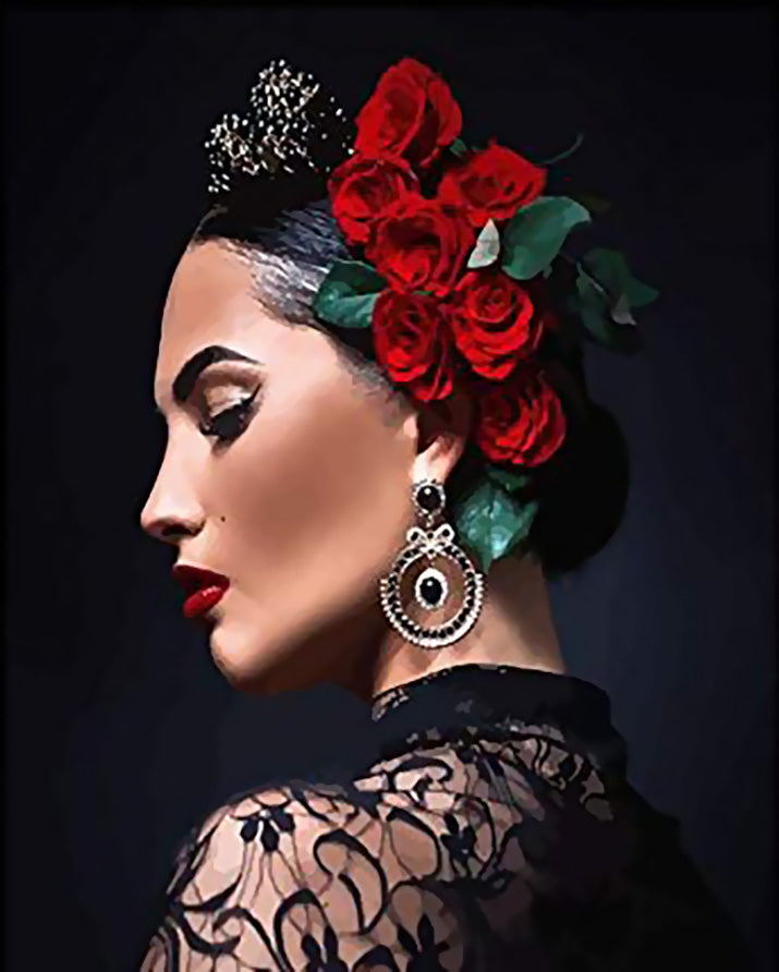 Mujer con Rosas Rojas sobre Su Cabello Pintar por Números