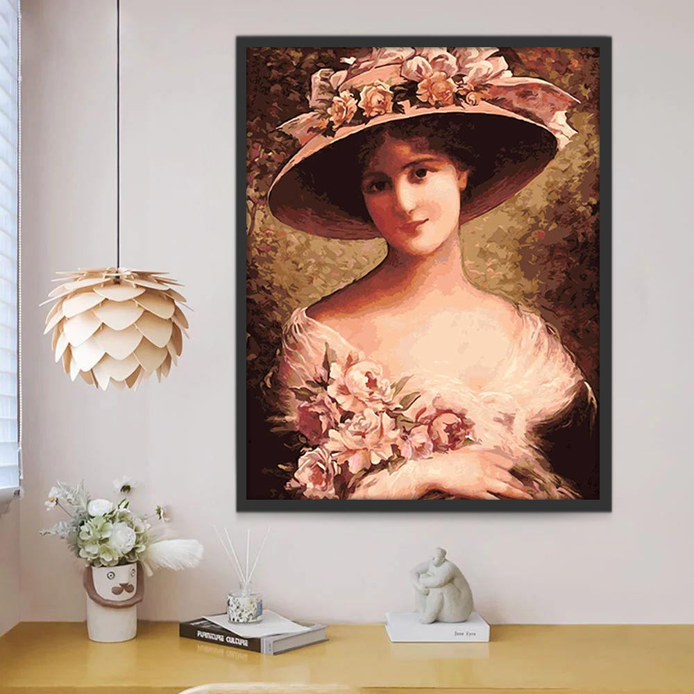 Mujer con Sombrero de Flores Rosadas Pintar por Números