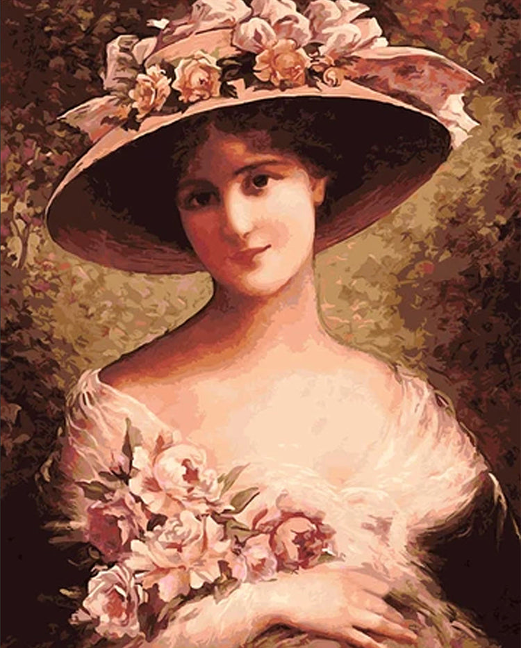 Mujer con Sombrero de Flores Rosadas Pintar por Números