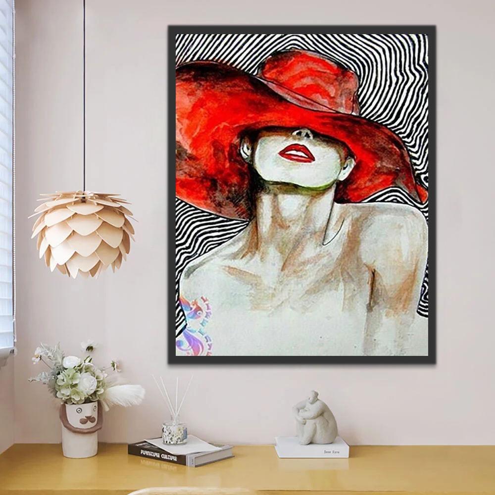 Mujer con Sombrero Rojo Pintar por Números