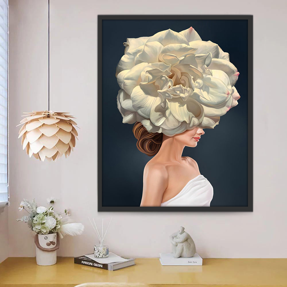 Mujer con Una Flor de Peonía Blanca en la Cabeza Pintar por Números