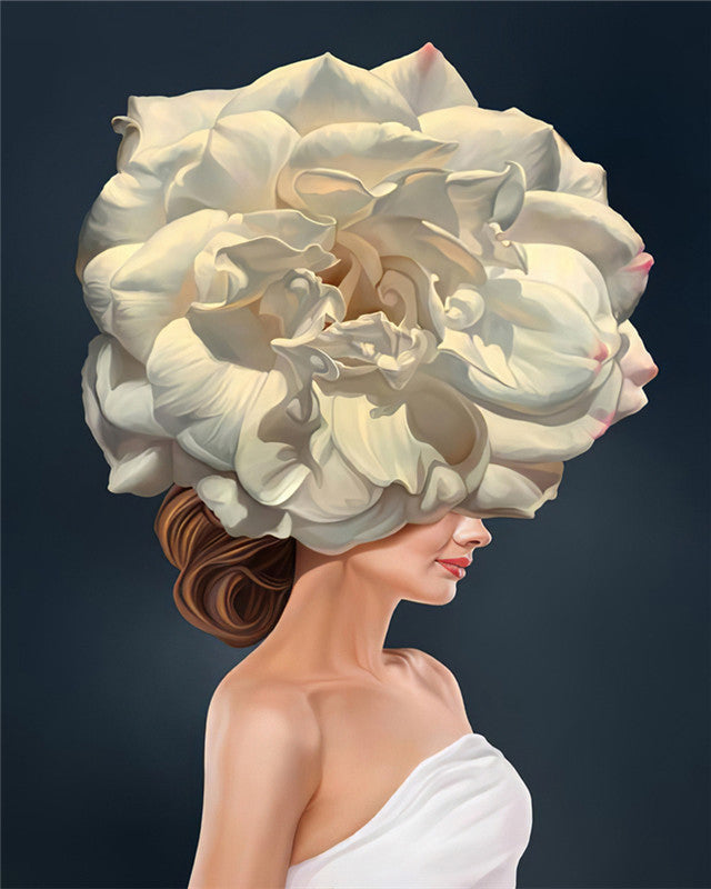 Mujer con Una Flor de Peonía Blanca en la Cabeza Pintar por Números