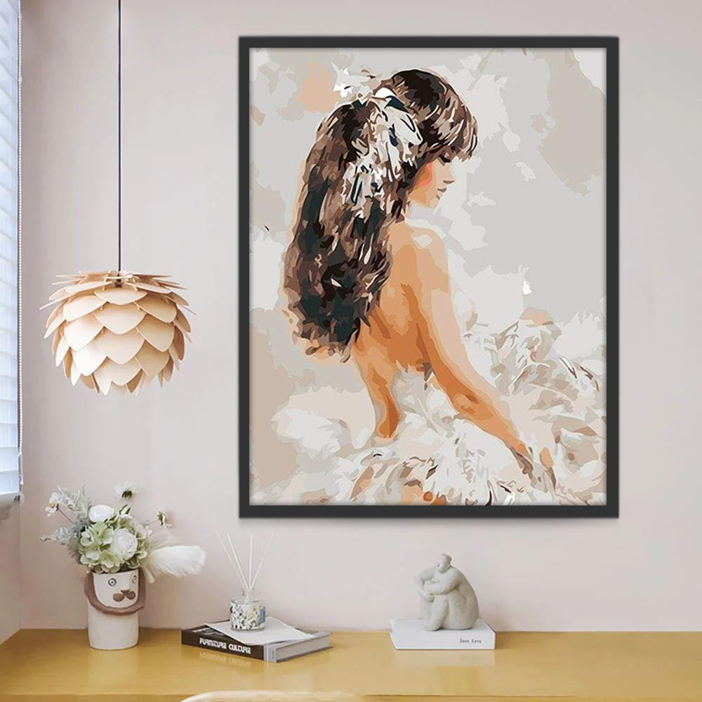Mujer de Pelo Largo con Vestido Blanco Pintar por Números