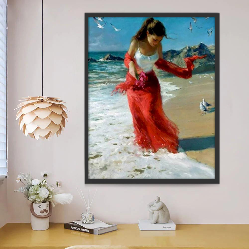 Mujer de Rojo en la Playa con Gaviotas Pintar por Números
