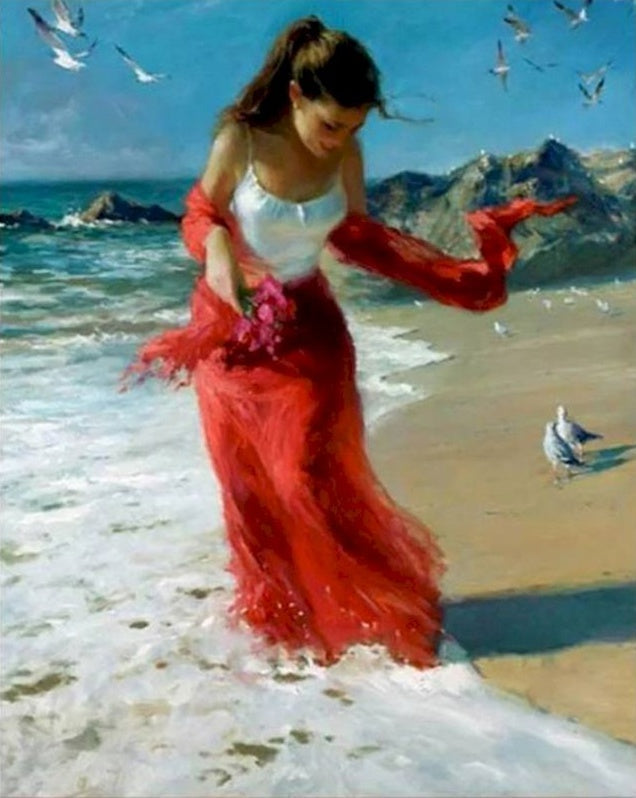 Mujer de Rojo en la Playa con Gaviotas Pintar por Números