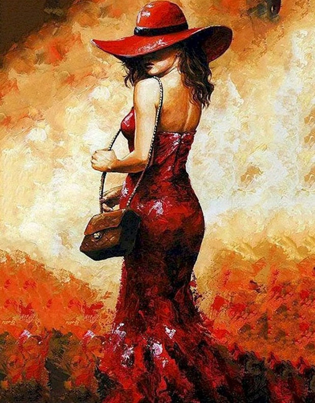 Mujer de Rojo Mirando Detrás Pintar por Números