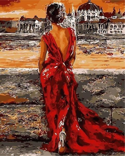 Mujer de Rojo Mirando la Ciudad Pintar por Números