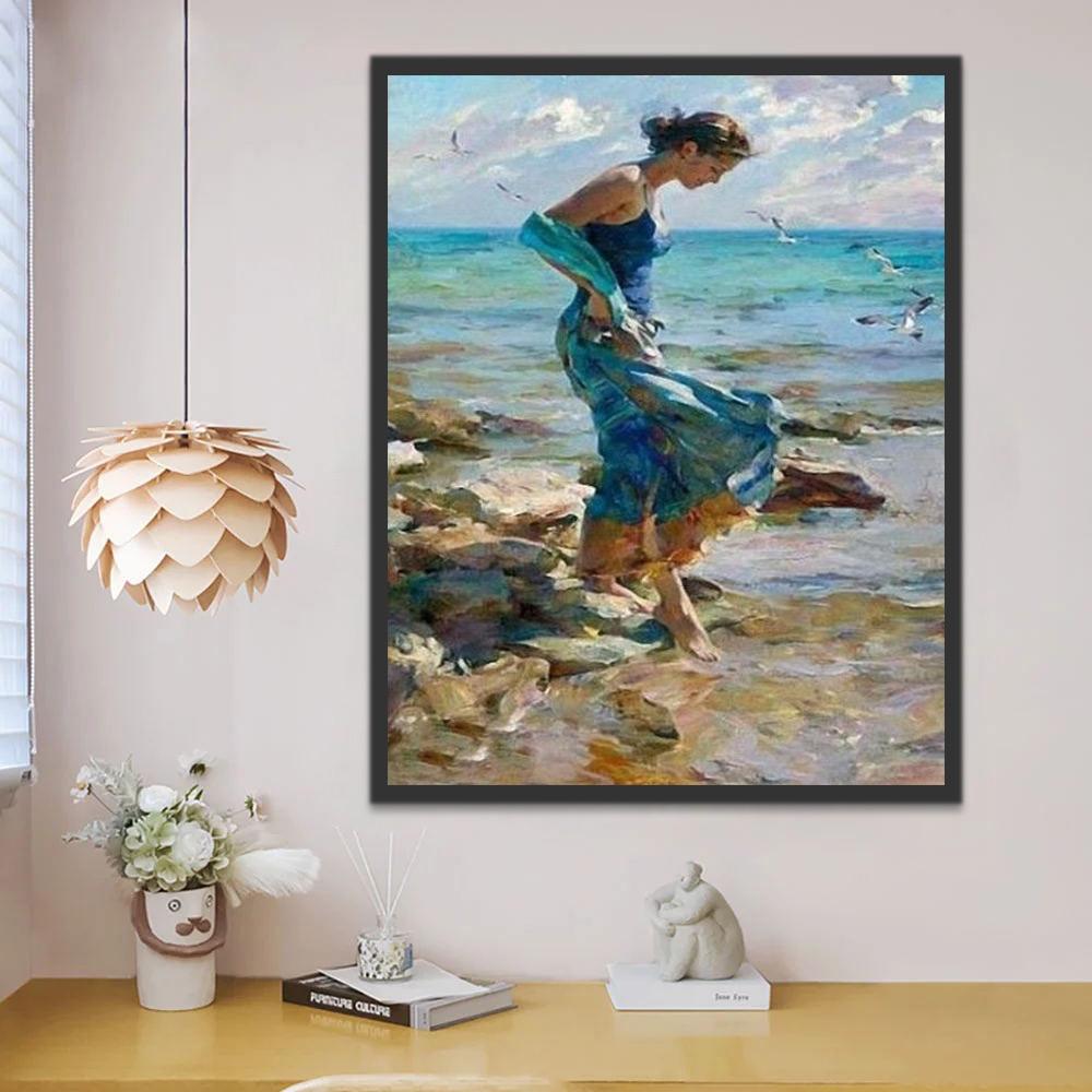Mujer de Vestido Azul en la Playa Pintar por Números
