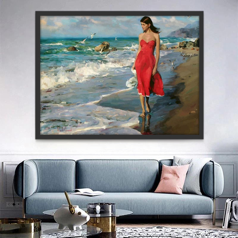 Mujer de Vestido Rojo en la Playa Pintar por Números