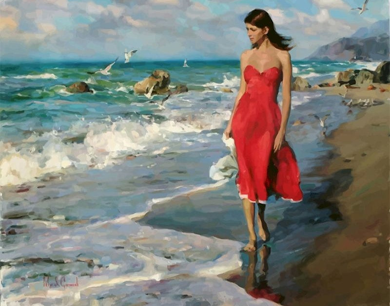 Mujer de Vestido Rojo en la Playa Pintar por Números