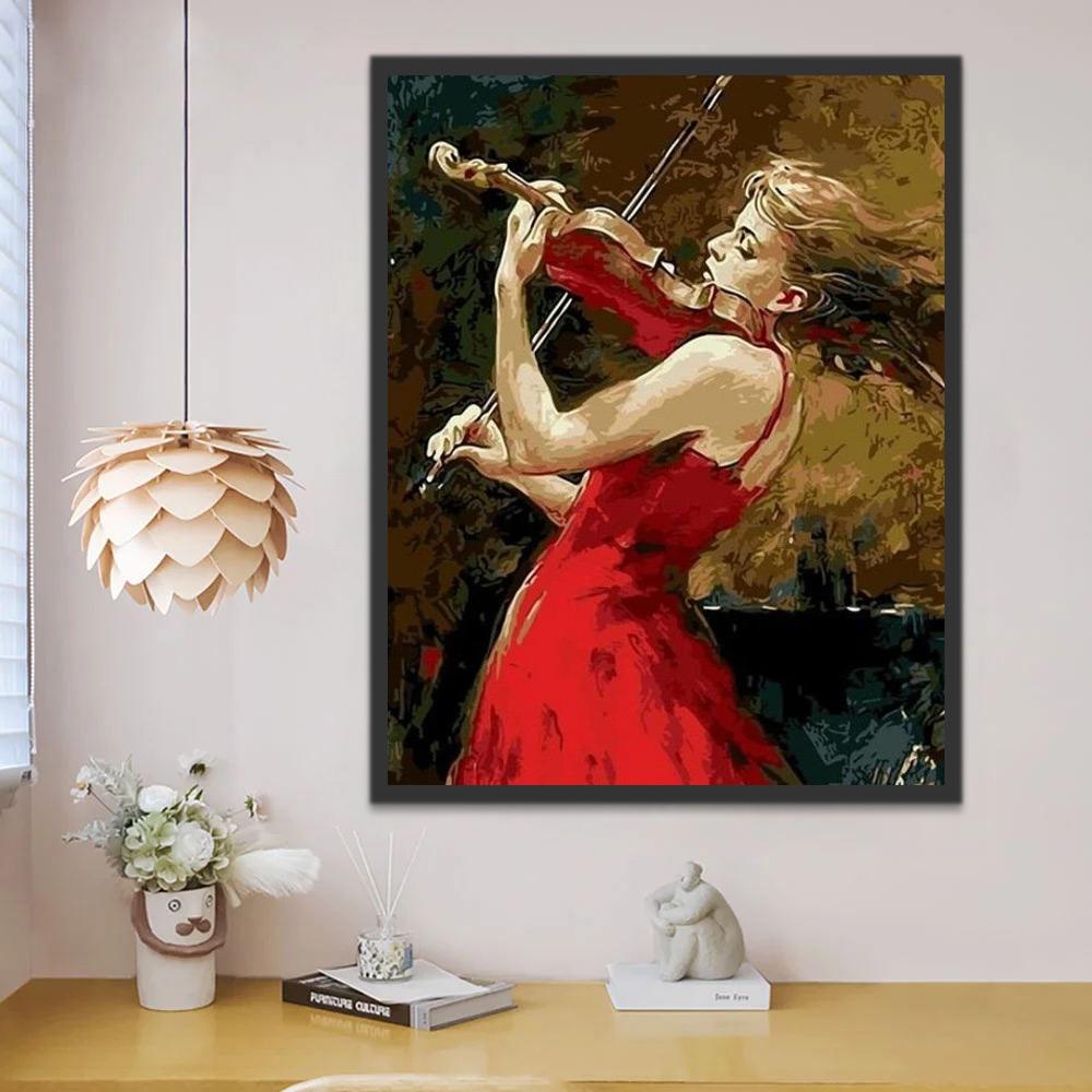 Mujer de Vestido Rojo Tocando el Violín Pintar por Números
