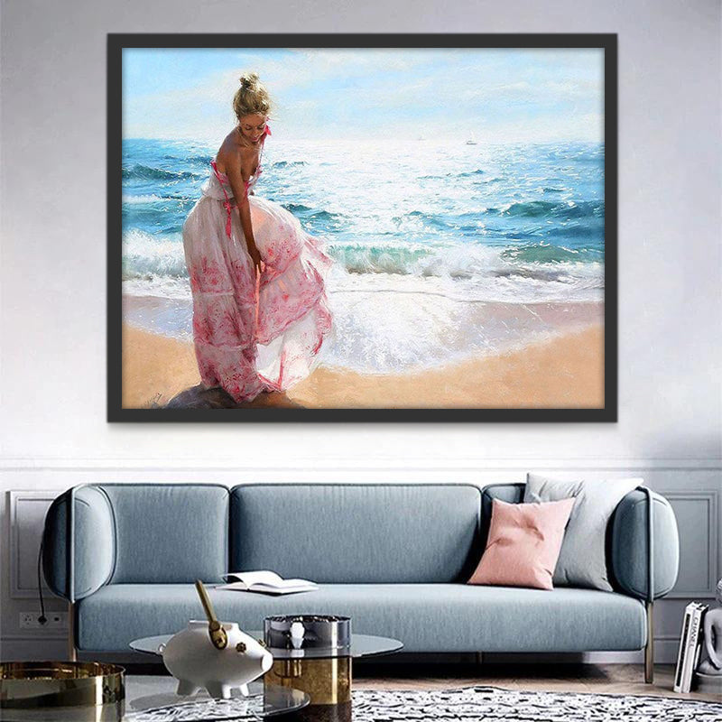 Mujer de Vestido Rosado en la Playa Pintar por Números