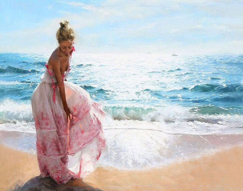 Mujer de Vestido Rosado en la Playa Pintar por Números